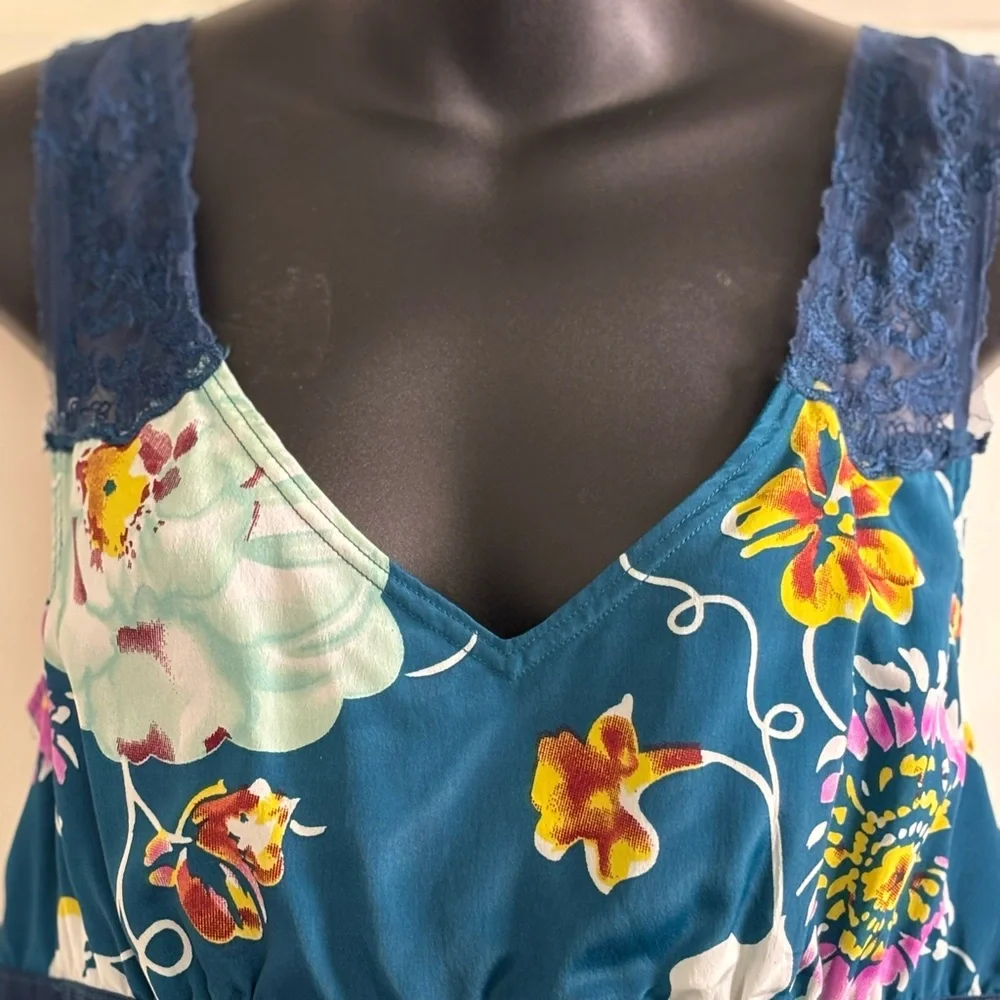 Free People Teal Floral Mini Dress with Navy Lace Trim